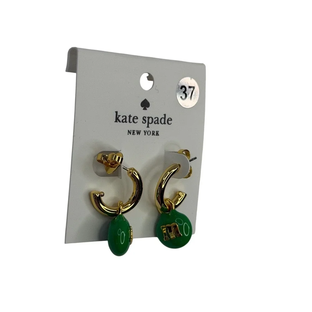 Kate Spade M&Ms Green Peanut Huggie‎ Hoop Earrings Gold Tone Enamel NWT Preppy